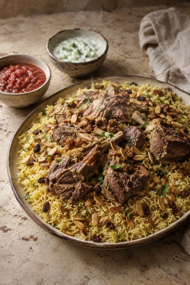 طبق كبسة خليجي على طاولة بإضاءة طبيعية دافئة